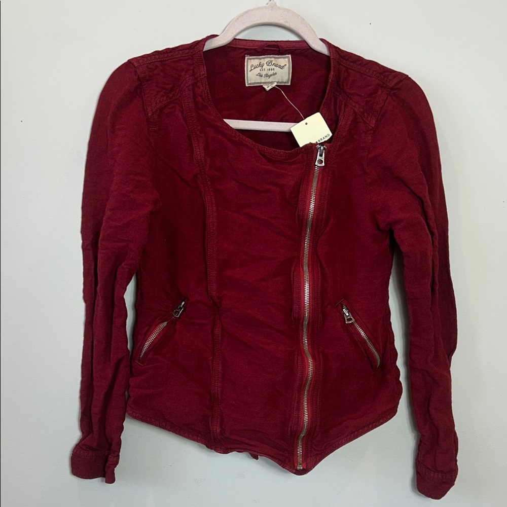 Lucky Brand Linen Blend Deep Red Asymmetrical Jacket